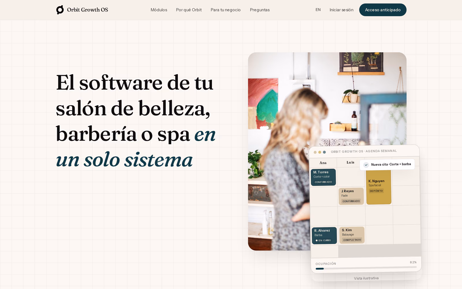 Above-the-fold hero of the live Orbit Growth OS product landing page, a serif headline beside an illustrative weekly-agenda product screen.