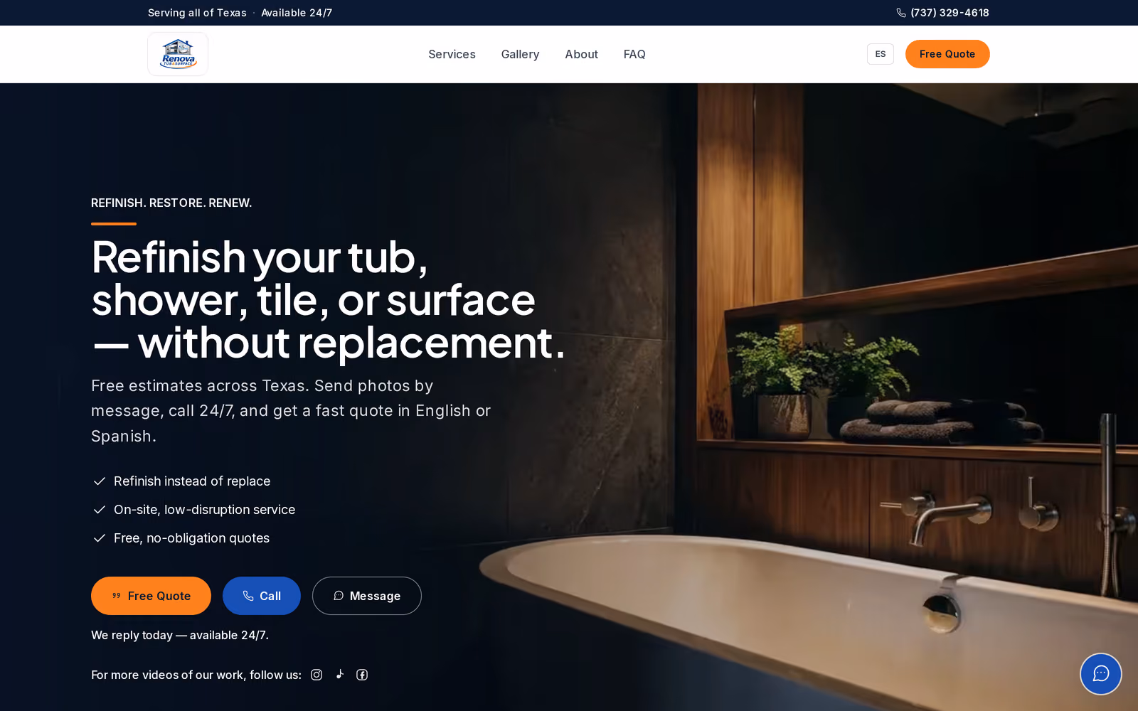 Above-the-fold hero of the live Renova Tub & Surface marketing site, a dark bathroom photo beside the refinishing headline and call-to-action buttons.
