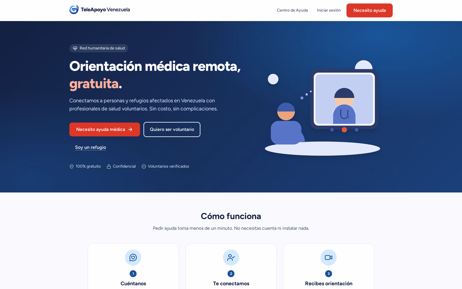 Above-the-fold hero of the live TeleApoyo Venezuela humanitarian health-orientation site: nav, wordmark, the headline "Orientación médica remota, gratuita," and an abstract vector illustration of two figures on a video call. No real photographs of beneficiaries, patients, or staff appear — the entire hero is original brand illustration.